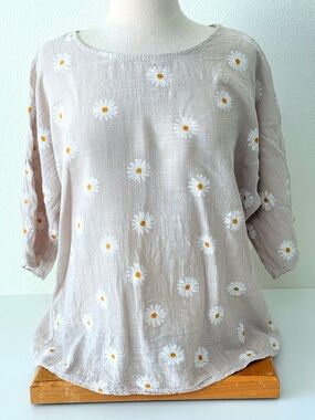 FANCO Italy 100% Cotton Daisy Embroidered Blouse-Boxy Boho Lagenlook Top -XL